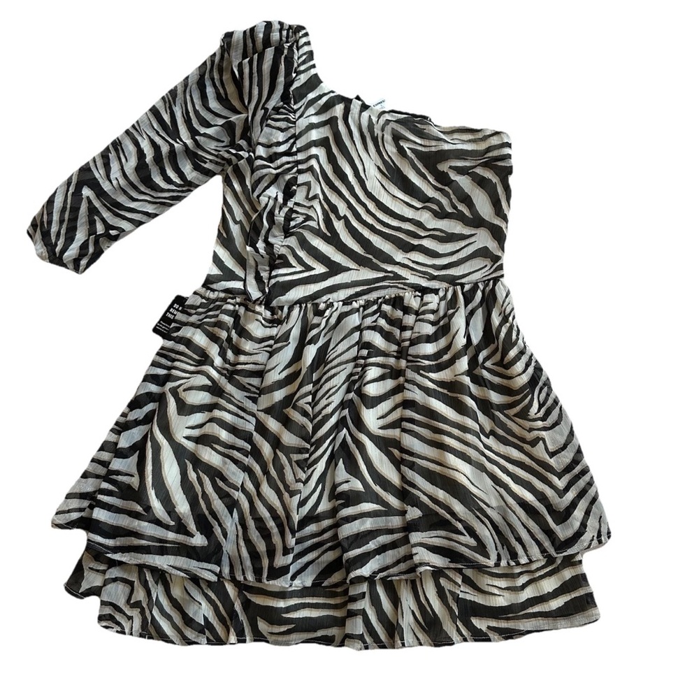 Express x Rachel Zoe Brown Striped Zebra Ruffled Hem Mini Dress-M-Animal Print